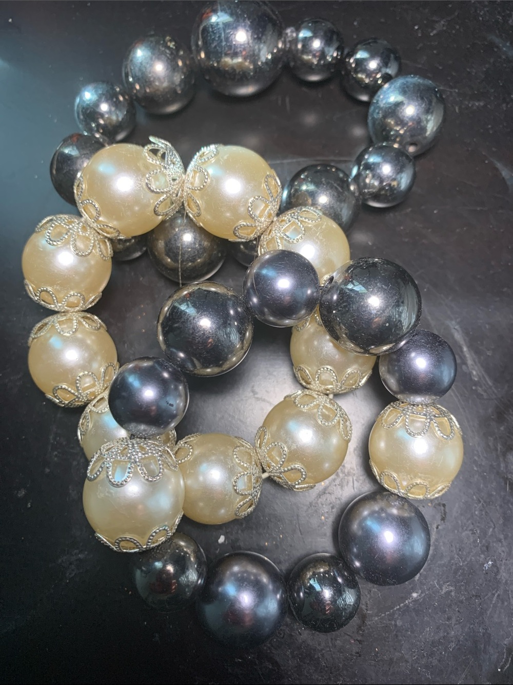 Pearlescent Cream and Gunmetal Bead Stretch Bracelet - Women’s Fashion Bracelet